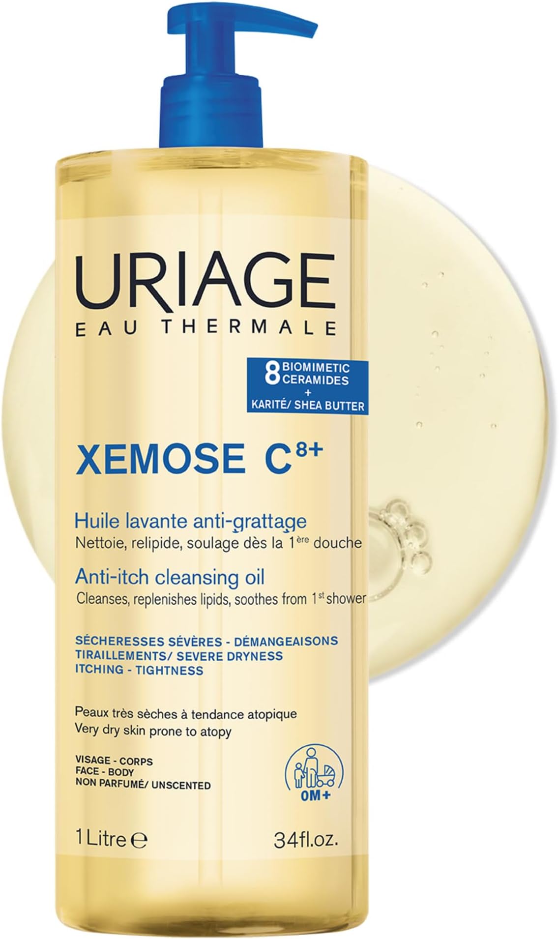 Uriage Xemose C8+ Anti-itch Shower Oil 1L – Face & Body Wash - Very Dry Skin Prone to Atopy – Soothes from 1st application - 8 Biomimetic Ceramides & Shea Butter - Fragrance-Free