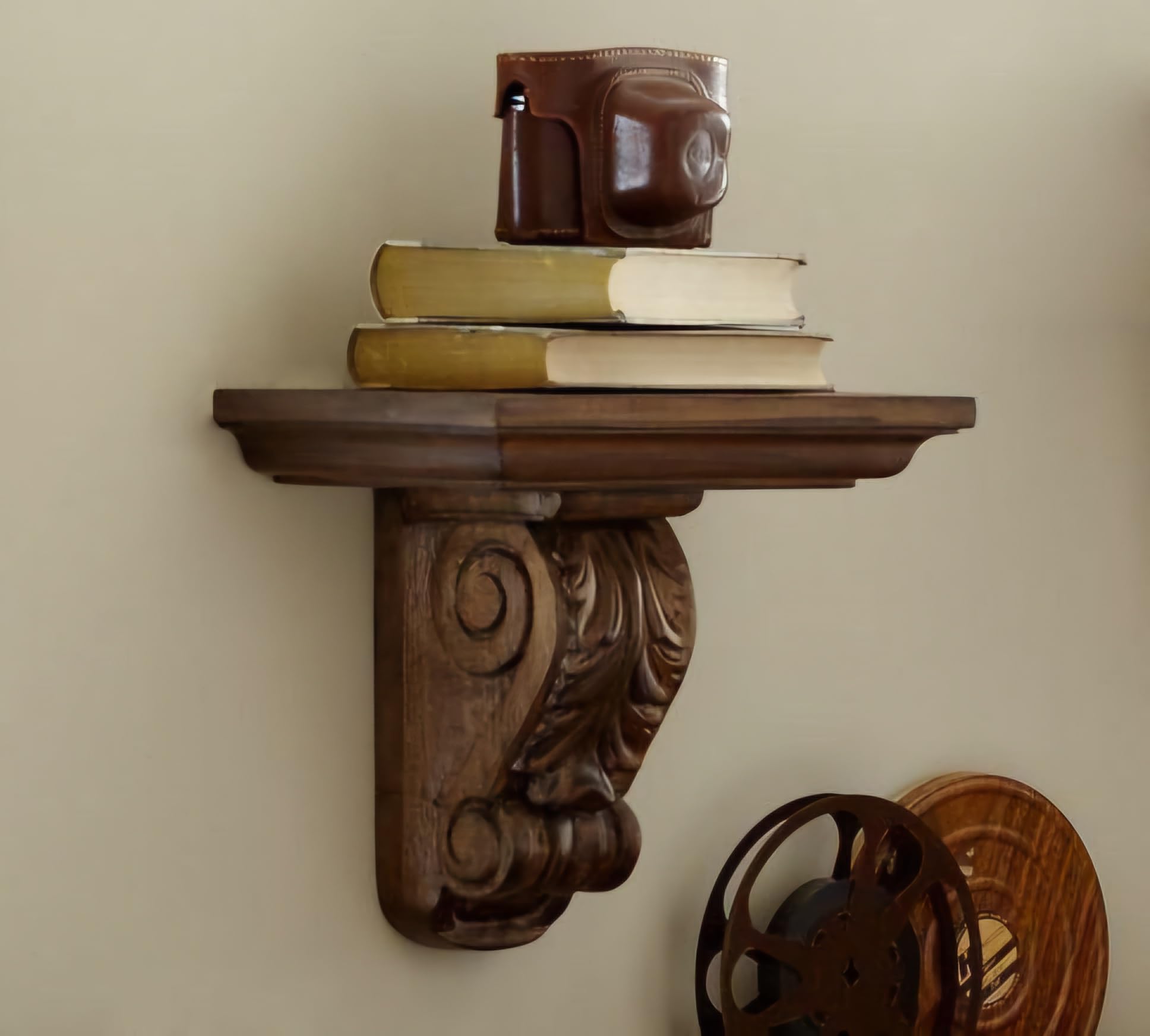 Handcrafted Solid Wood Traditional Design Wall Mounted Floating Shelf Wooden Wall Brackets Corbel Shelves for Home Living Room Decor - Set of 1 Walnut Color (Walnut)-image-11