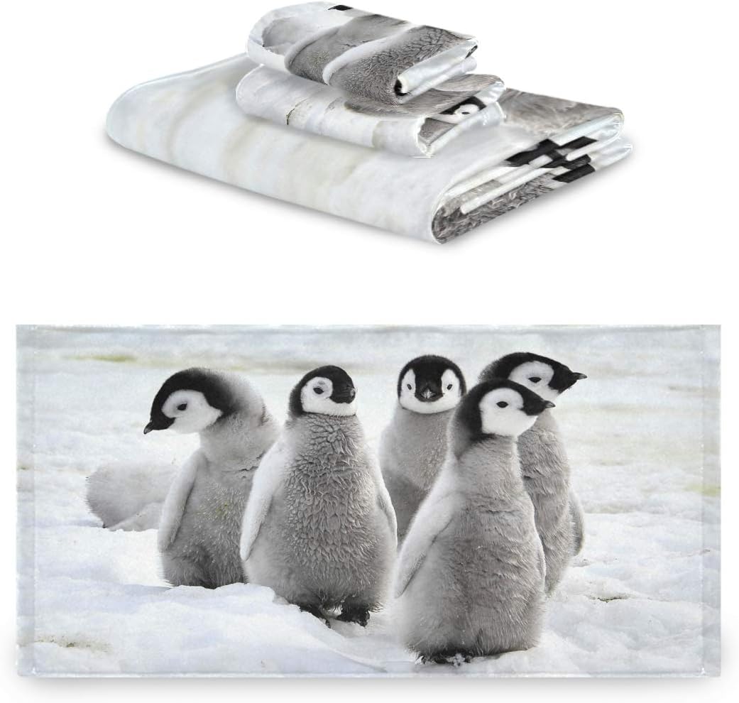 Blueangle Emperor Penguin 3 Piece Bathroom Towel Set – Soft, Absorbent and Eco-Friendly – Includes 1 Bath Towel, 1 Face Towel/Washcloth, 1 Hand Towel