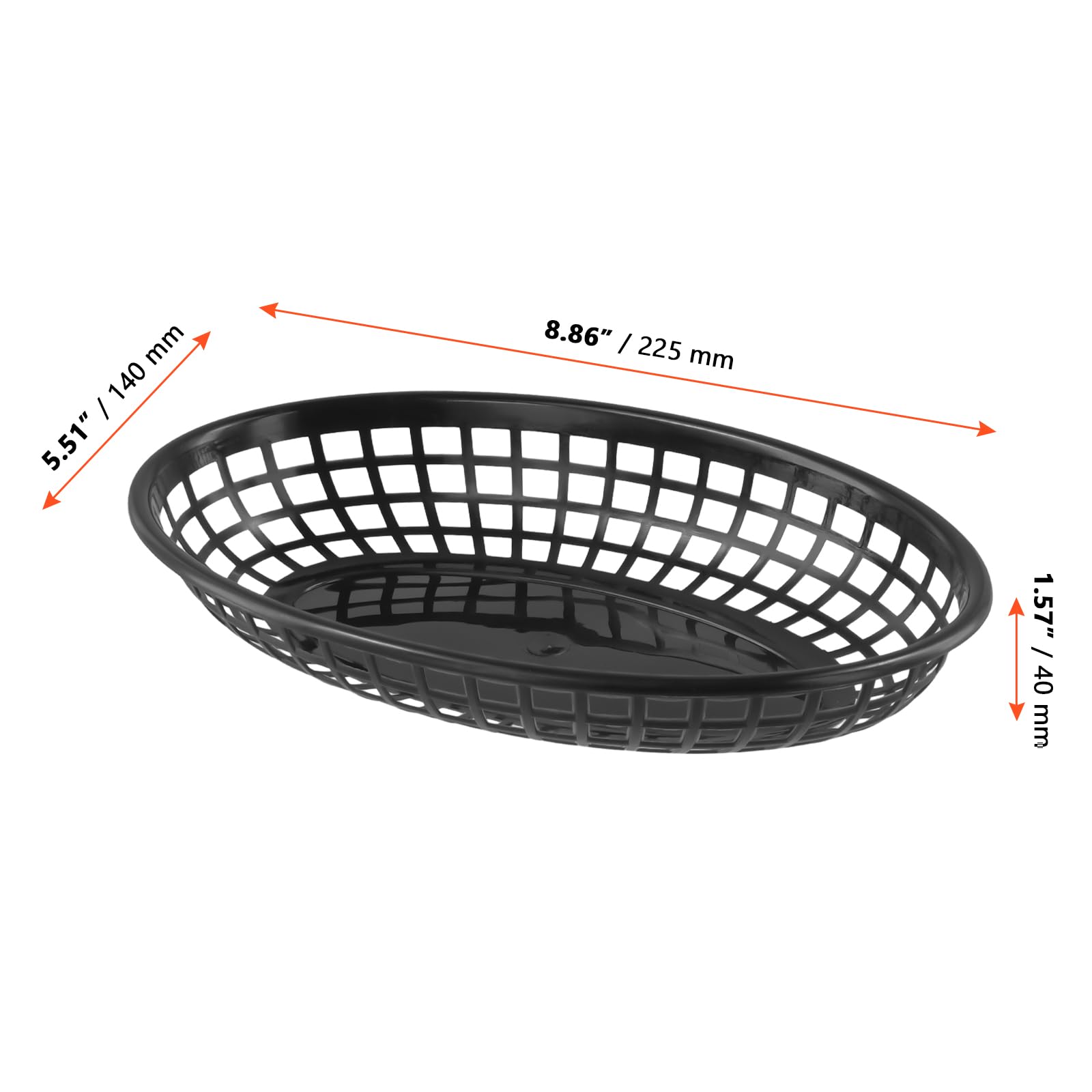 SINJEUN Lot de 60 paniers ovales en plastique pour restauration rapide, 22,5 x 14 x 4 cm, paniers de service de restauration rapide noirs pour frites, hamburgers, sandwichs