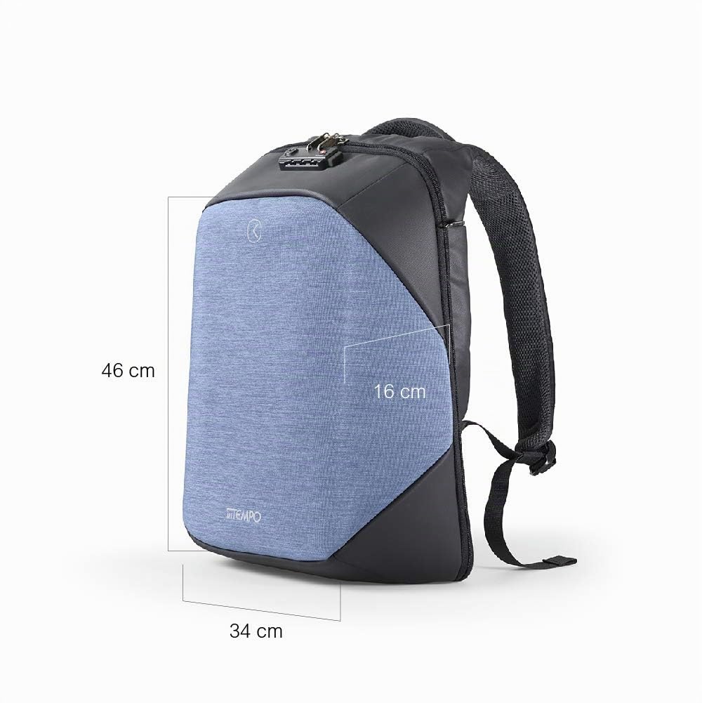 Intempo Zaino Antifurto Versatile Tekniko Big in Tessuto Idrorepellente, Cavo Telescopico Antifurto, Chiusura con Combinazione, Presa USB Esterna, Dimensioni 34 x 46 x 16 cm, Colore Azzurro