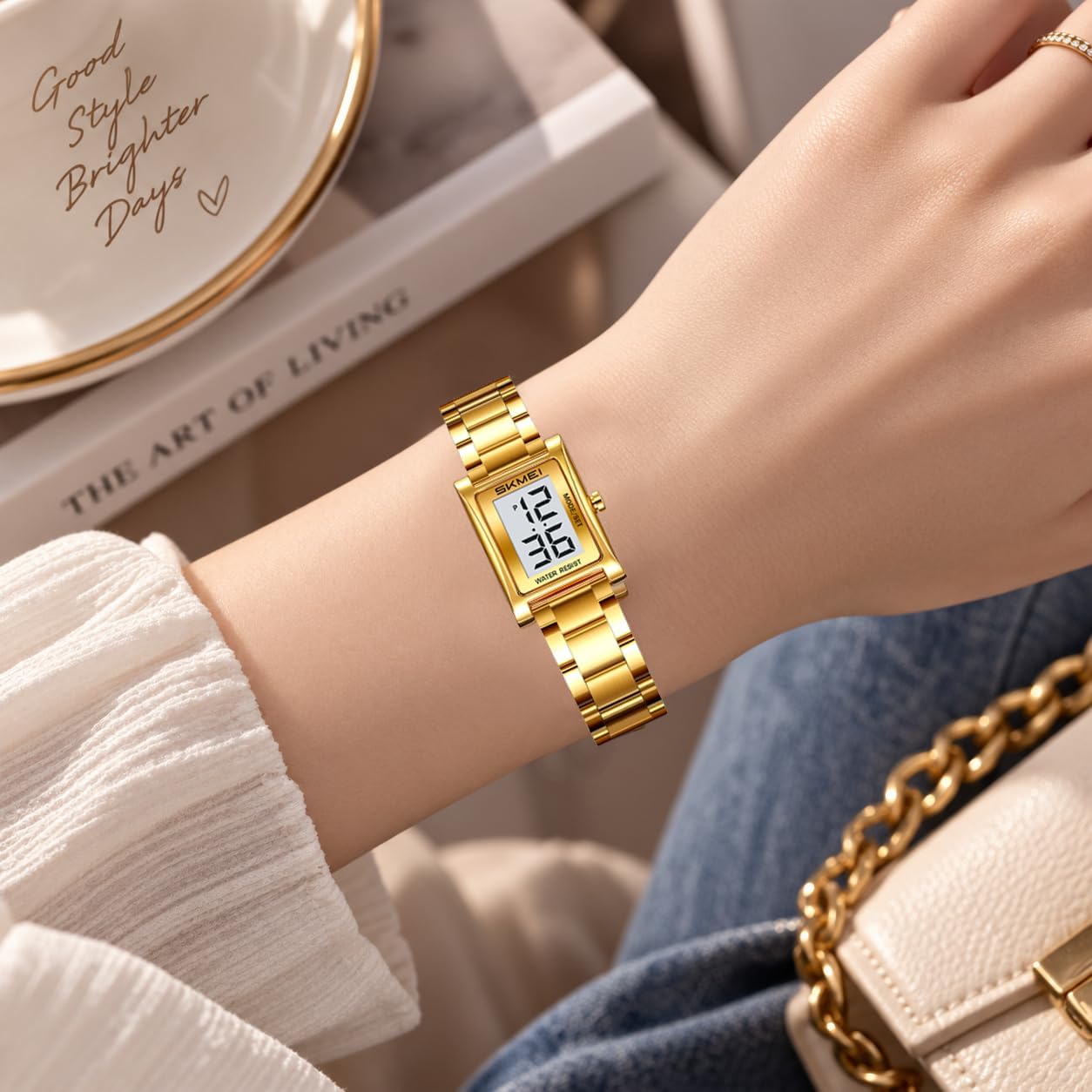 FANMIS Gold Digital Watch for Women Square Stainless Band LED Dress Watches