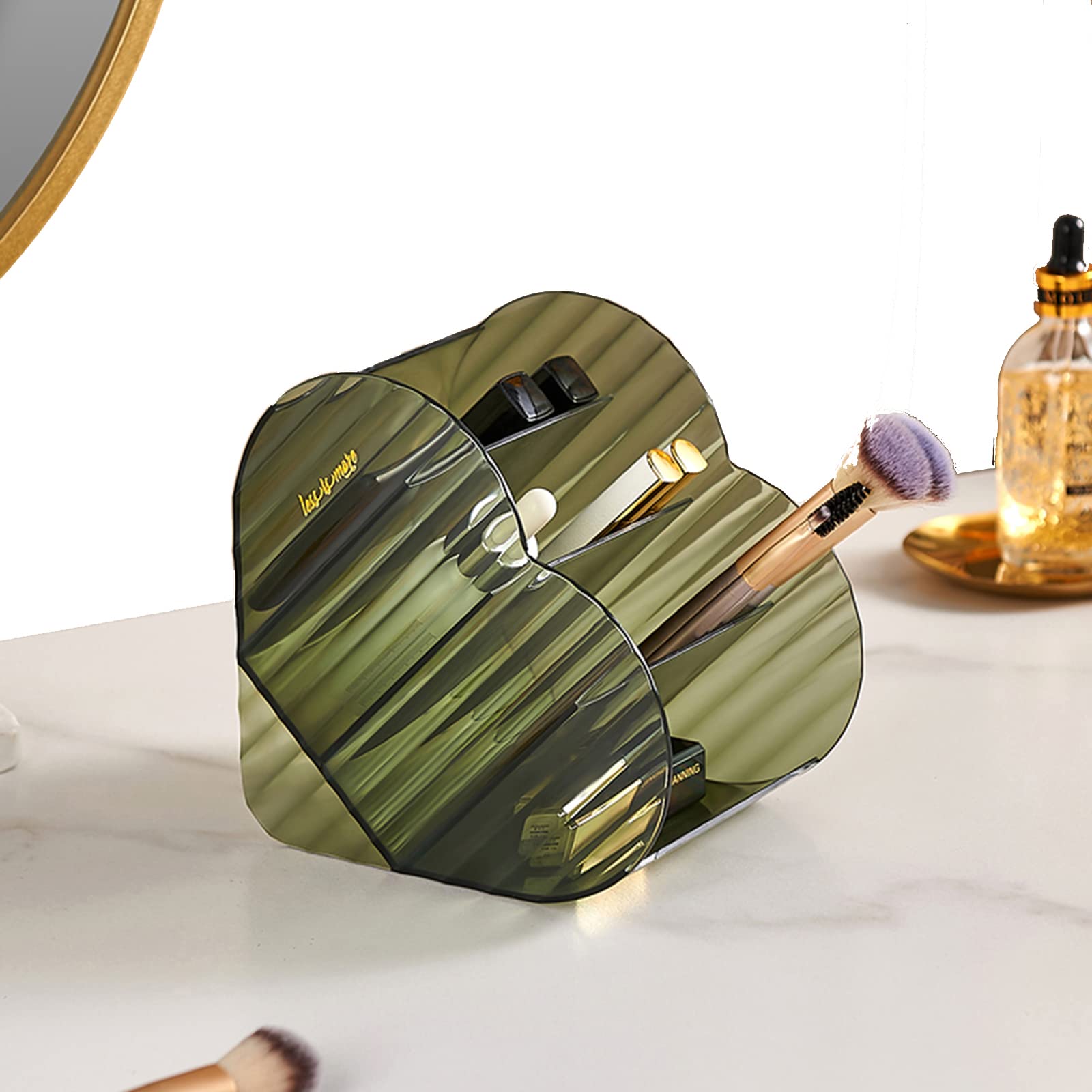 METINTLarge capacity make-up brush holder storage box, 4 slots of love make-up brush cup, suitable for dresser, bathroom, desk storage box, cosmetics display box (Transparent green)