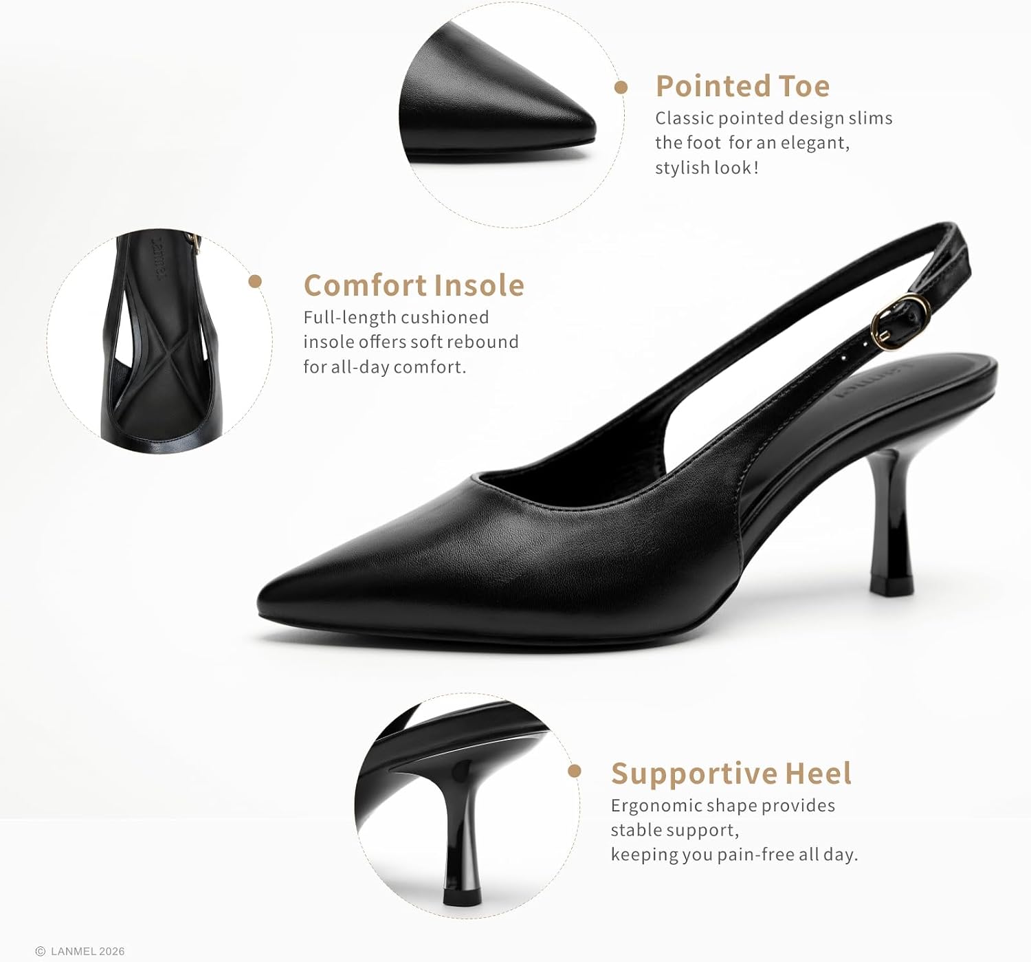 LANMEL Women's Slingback Kitten HeelsPointed Closed Toe Pumps Shoes Black