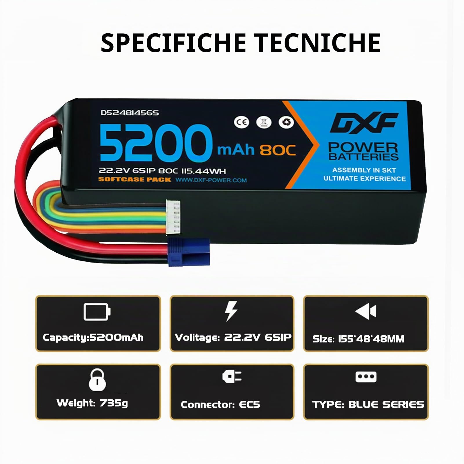 DXF 2 pacchi batteria LIPO, batteria LIPO 6S con 22,2 V, 5200 mAh, scarica 80 C, connettore EC5, per droni, aerei RC, camion, elicotteri e altro, LIPO 6S, 6S LIPO, batteria in formato 6S1P