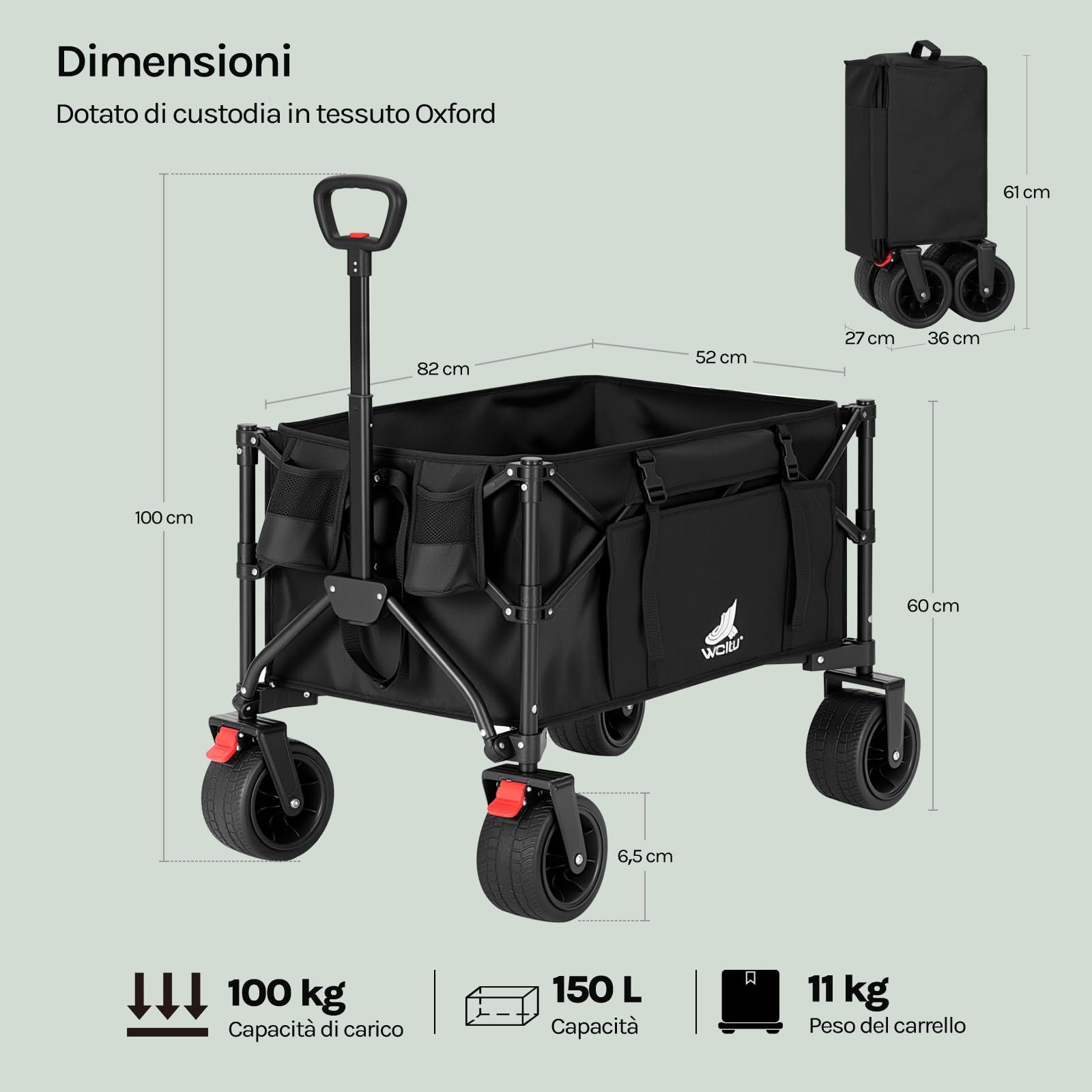 WOLTU Carrello Pieghevole Multifunzione con Ruote Rimovibili, Manico Regolabile, Custodia Antipolvere, Telaio in Acciaio, 150 L, Portata 180 kg, Carrello da Giardino per Campeggio e Spiaggia, Nero