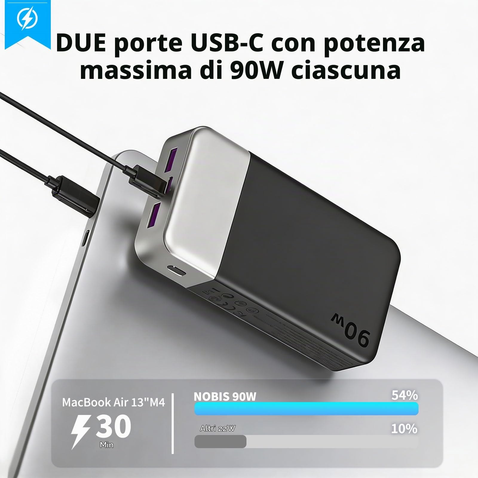 NOBIS Power Bank 90W 20000mAh Ricarica Rapida per MacBook,Dell,Pad Phone 17 | Caricatore Portatile PD/PPS/QC, 2 USB-C (In/Out) e 2 USB-A, Display Digitale, ideale per lavoro, viaggi e campeggio