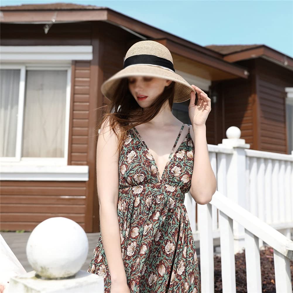 Summer Fashion Bucket Straw Hat for Women Sun Protection Foldable Packable Travel Beach Ladies