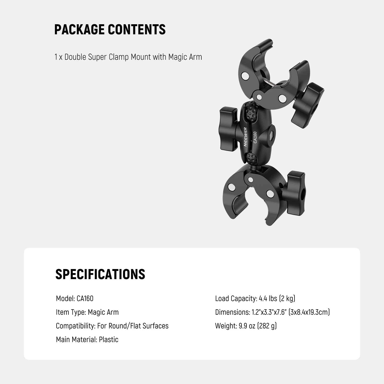 NEEWER Doppio Super Clamp con Magic Arm, Supporto a Morsetto per Palo Ombrello Bandiera a 360° per Scrivania Studio Fotografico Stativo Riflettore Scrim Traversa Manubrio Moto Passeggino Sedia, CA160