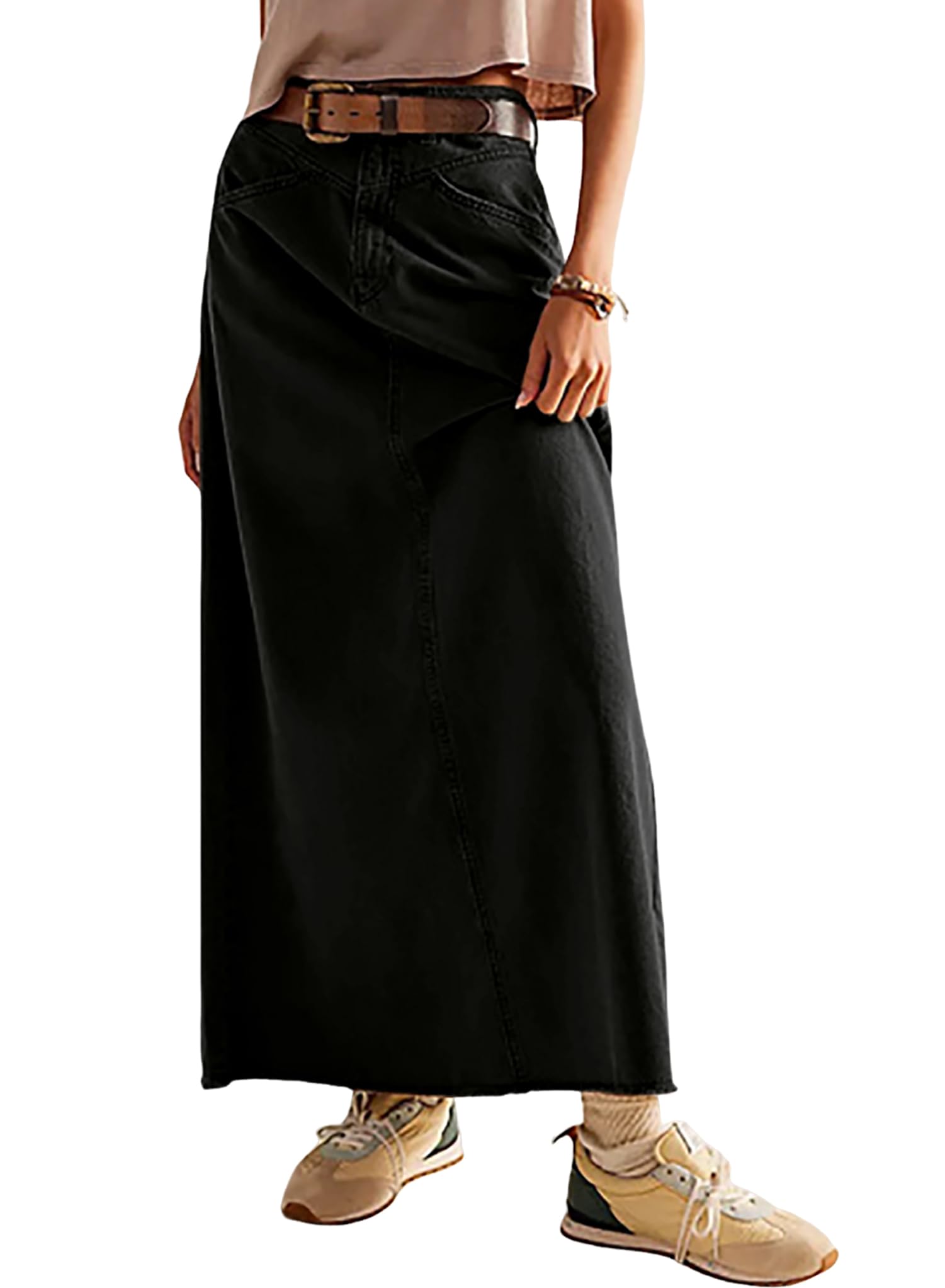 Ranphee Jean Jupe Longue Femme Vintage Taille Haute Stretch avec Poche A-Ligne 2026 Été Maxi Jupes