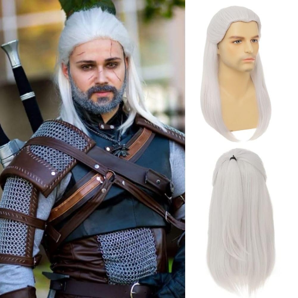 Siudus White Straight Wigs for Men Cosplay Costume Male Wig Long White Straight Anime Hair Wig for Halloween Party Use