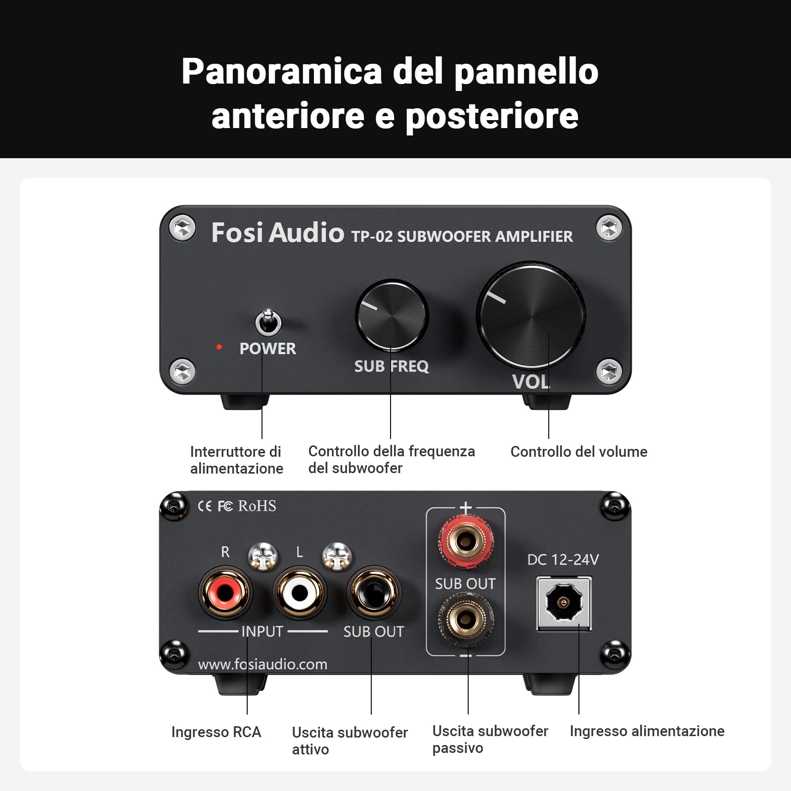 Fosi Audio TP-02 220Watt Amplificatore Subwoofer Mini Sub Bass Amp Digitale classe D Integrato per Subwoofer TDA7498E