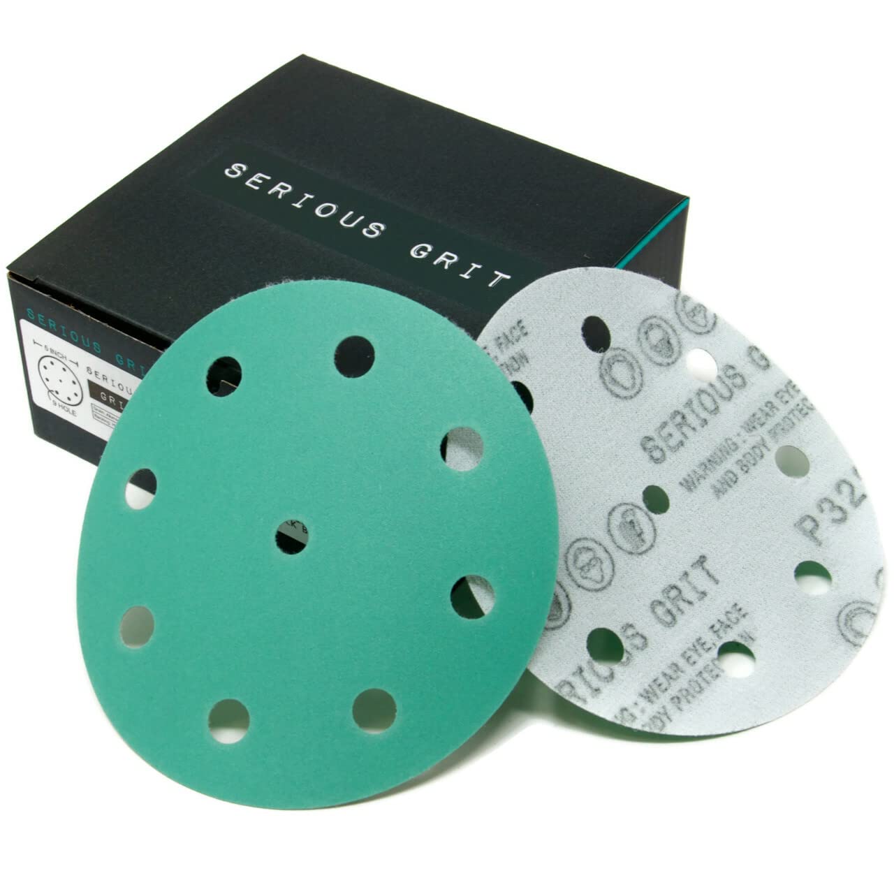 Serious Grit - 5-Inch 9-Hole 320 Grit Sanding Discs - Heavy-Duty Hook & Loop Film Discs - Sandpaper for Random Orbital Sanders - 50 Pack Box
