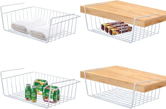 4 Pack Under Shelf Basket, Dveda Durable Metal Wire Rack Hanging Shelf Storage Basket, Under Cabinet Organizer Shelf for Kitchen/Pantry/Bathroom/Desk - Slide Arms Height1.45 inWhite