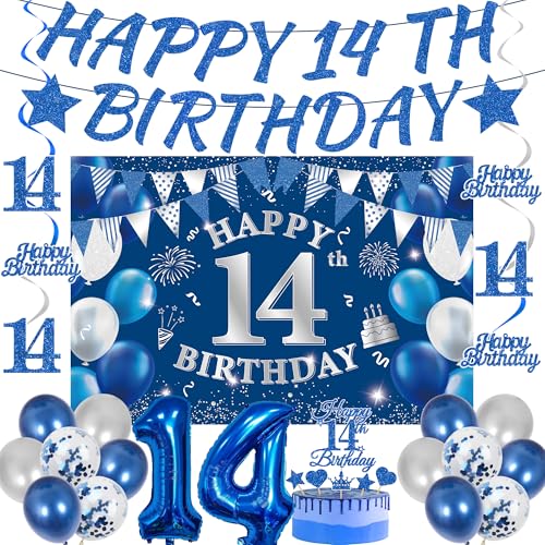 14. Geburtstag Deko Junge Set - 31 Stück Blaue und Silberne Happy 14th Birthday Banner Girlanden Hintergrund Latexballons und Hängedekorationen für Teenager 14 Geburtstag