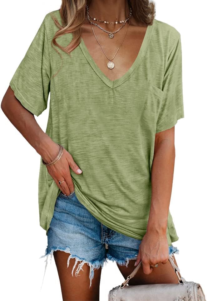 imesrun Womens V Neck Tshirts Short Sleeve Loose Casual Summer Tops with Pokcet - Image 2