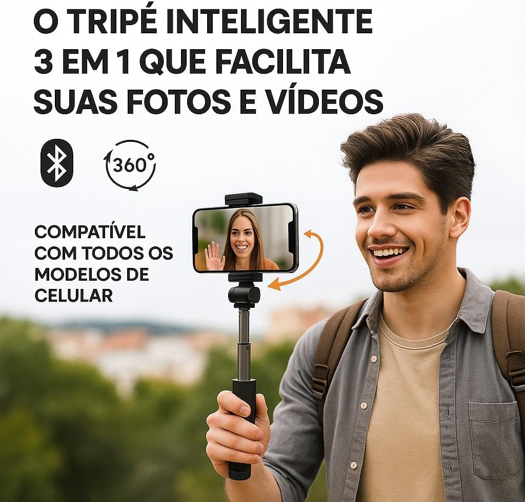 Bastão Tripé Para Celular 3 em 1 com Rotação 360º – Selfie Stick Dobrável com Controle Remoto Bluetooth, Compacto e Estável – Compatível com Android e iPhone – Ideal para Fotos e Vídeos