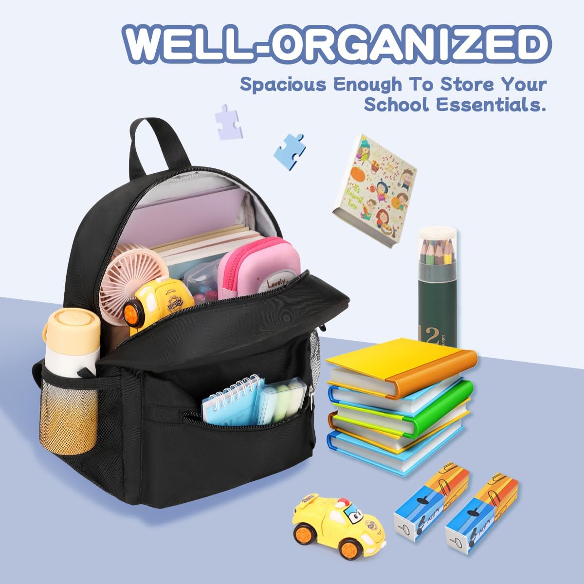 Toddler Backpack for Boys Girls, 12'' Mini Preschool Backpack for Kids Age 2-4 Years Old Small Toddler Bookbag for Kindergarten with Chest Buckle and Reflective Strip,All Black - Image 9