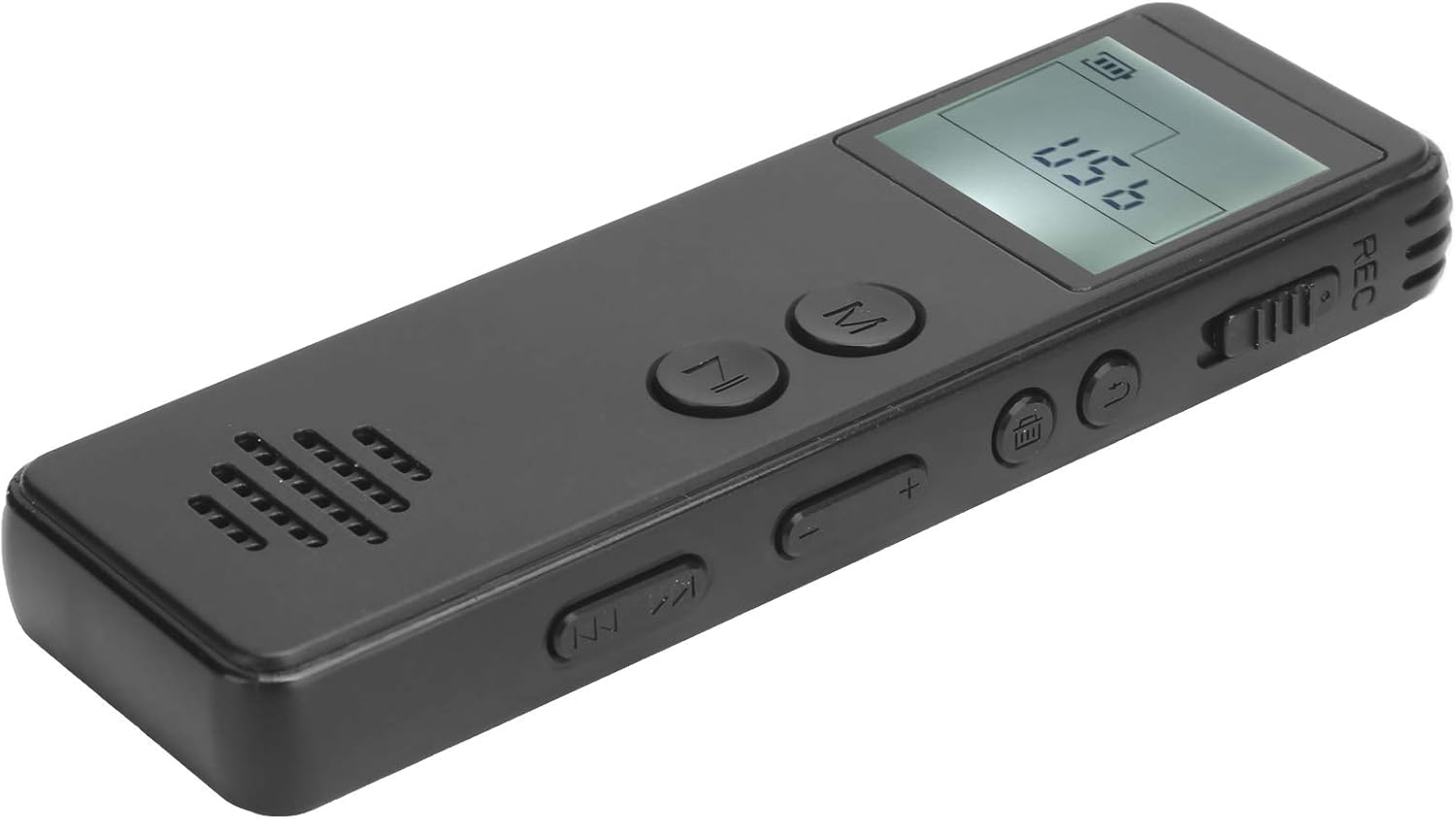 Taraf view of the ciciglow SK-299 Digital Voice Recorder showing the REC switch, volume buttons, and track navigation buttons.