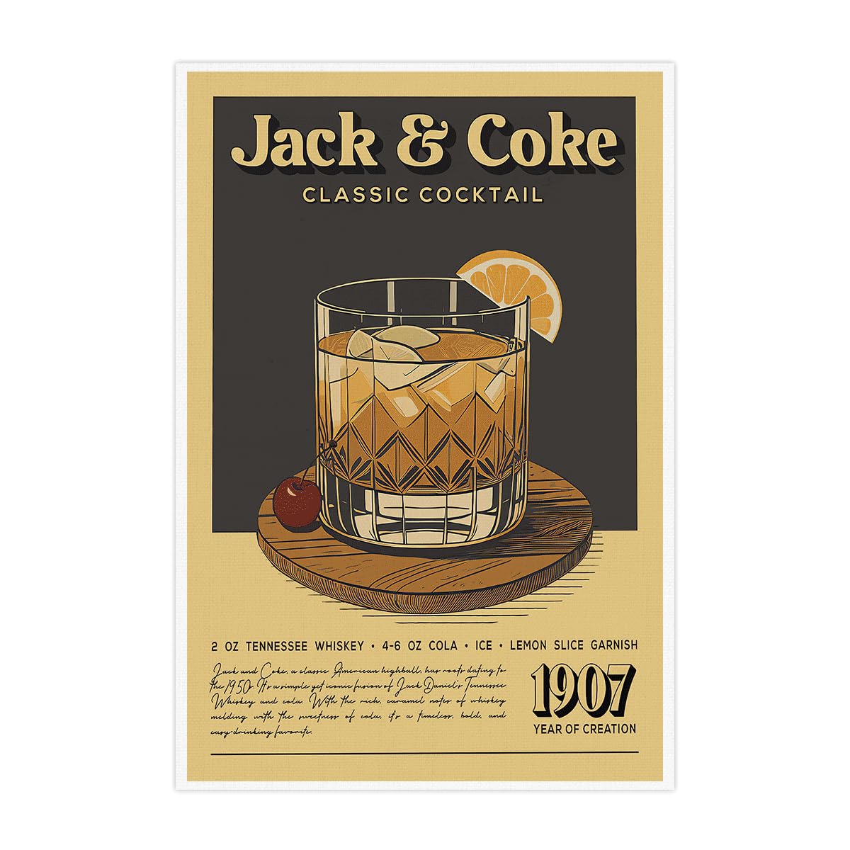 Vintage Jack＆Coke Cocktail Poster Retro Wall art Decor Canvas Print for Kitchen Home Bar Cart Club Dorm Trendy Aesthetic Decor 12x16inch Unframed