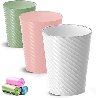 Lysam Bathroom Trash Can 3 Pack, 1.8 Gallon Small Trash Can with Trash Bags | Garbage Can for Bedroom Living Room, Open-Top|Sturdy Bin Indoor, Office Round Waste Basket, Compact Spaces (White Pink Green)