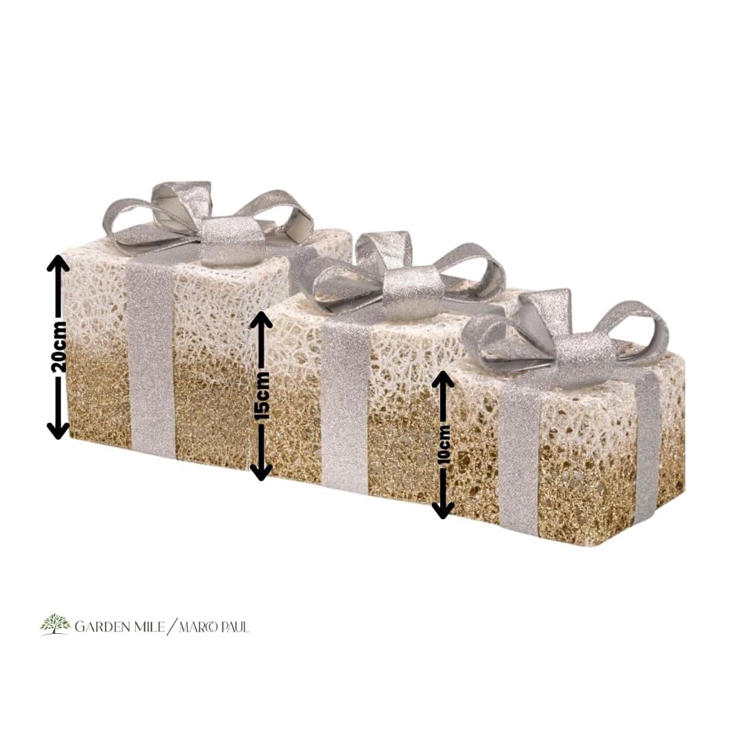 Marco Paul - Scatole regalo di Natale, 3 luci natalizie con spina, fiocchi, pino, perline dorate, scatole regalo, decorazioni natalizie per albero di Natale per interni