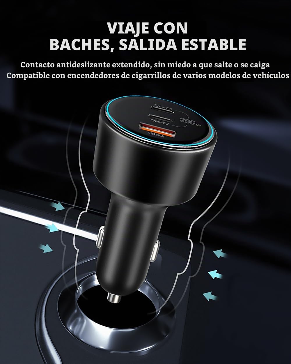 Cargador de Coche USB C de 200W, Cargador Mechero USB Carga Rápida de 3 Puertos con Cable USB C de 100W, Compatible con iPhone 15/14/13/12, Samsung Galaxy S24/23, MacBook, iPad Pro, Air Mini
