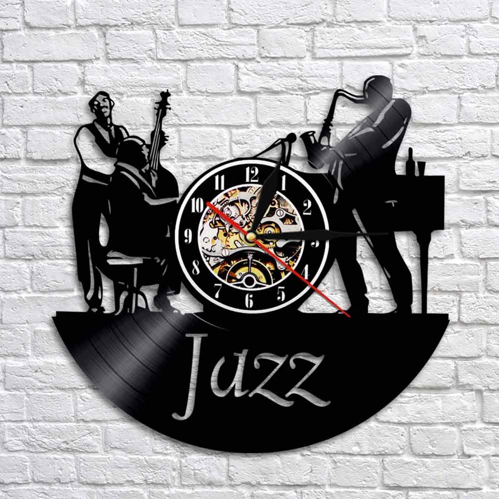 ELD Muzycy zespół jazzowy zegar ścienny mężczyźni grają na wiolonczele saksofon jazzowy instrumenty płyta winylowa zegar ścienny sypialnia salon dekoracja średnica 30 cm 7 kolorów zmienna płyta
