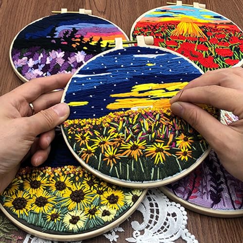 Image of Allazone 2 Sets Embroidery Kit for Beginners, Stitch Practice Kits for Craft Lover Hand Stitch with Embroidery Fabric with Stamped Pattern, Starter Stitch Kits Suitable for Adults (Sunset)