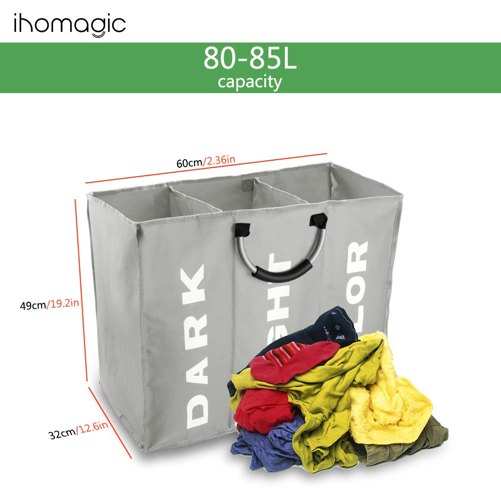 IHOMAGIC 3 Scomparti Cesto Biancheria Pieghevole portabiancheria della Biancheria Trasportabile Ceste per Lavanderia Secchi Pratico casa Lavanderia, Dormitorio 80L Sacchi da Biancheria Grigio Chiaro