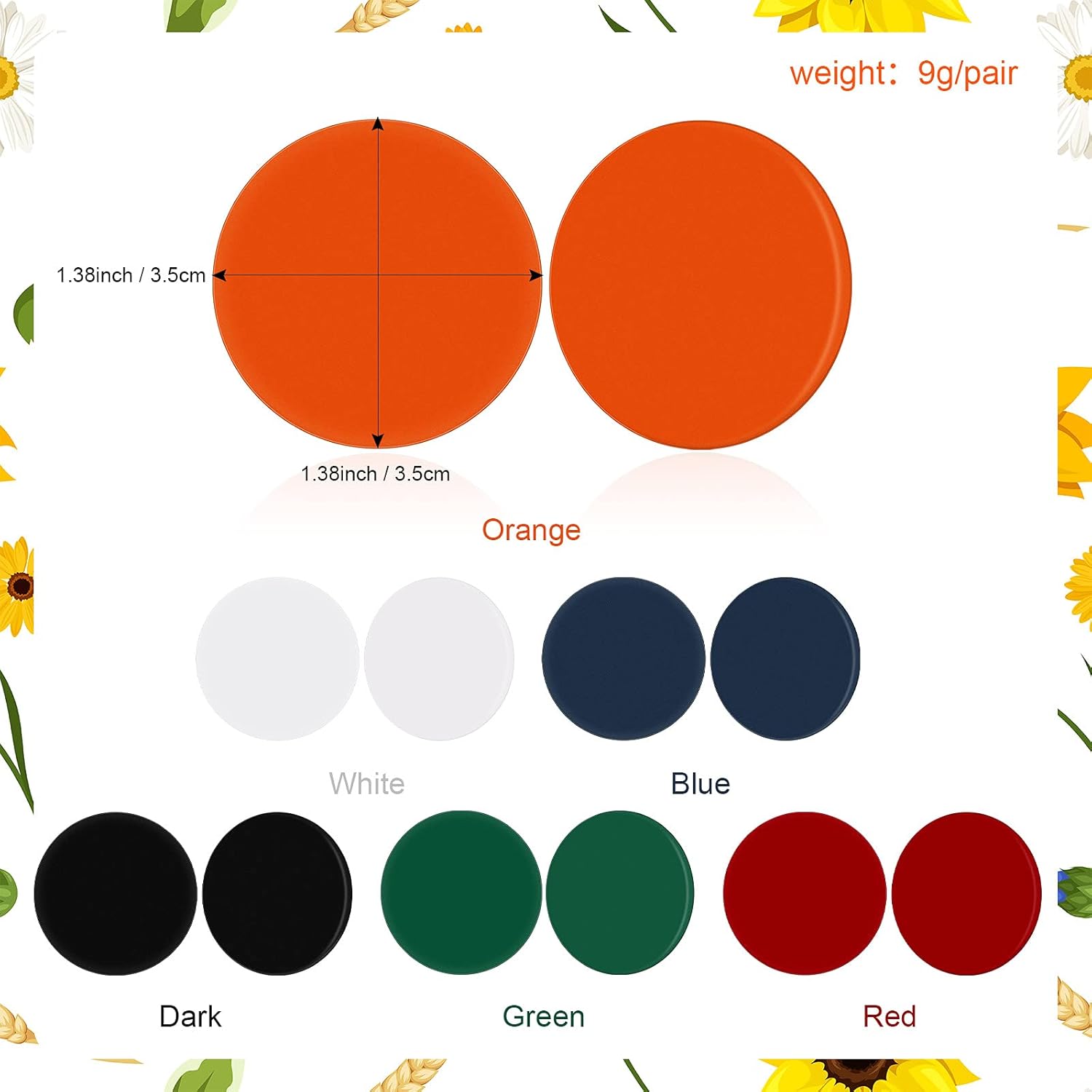 Junkin 6 Pairs Big Stud Earrings Gifts for Women Acrylic Button Earrings Circle Disc Jewelry(Black,Red,Green,White,Orange,Dark Blue) - Image 2