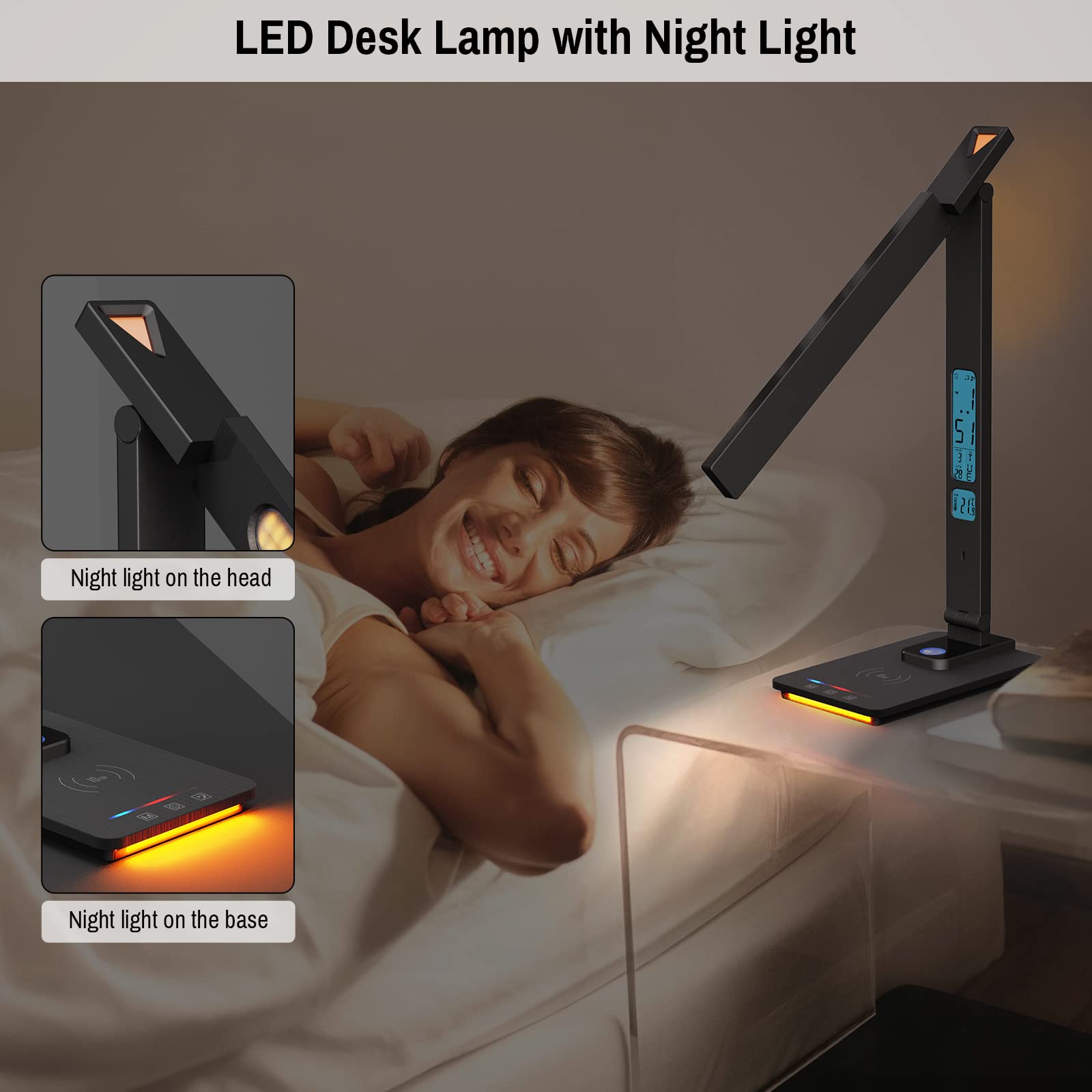 ErayLife Lampada da Scrivania LED, Lampada da Tavolo con Ricarica Wireless e Porta di Ricarica USB, Protegge l'occhio, Pieghevole, Controllo Touch, Timer, Caricabatterie Wireless