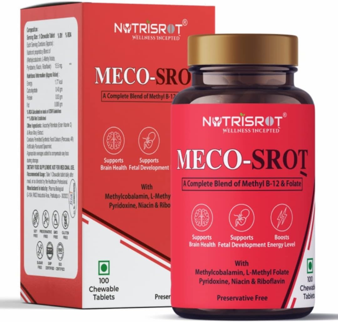 - NUTRISROT̖ MECO-SROT̖ Vitamin 12 Chewable Tablets with Vitamin B2, B3, B6 & folate to support Brain & Nerve Health| Glowing Skin| Energy & Mood Booster supplement for men & women (100 tabs in Spearmint Flavour)
