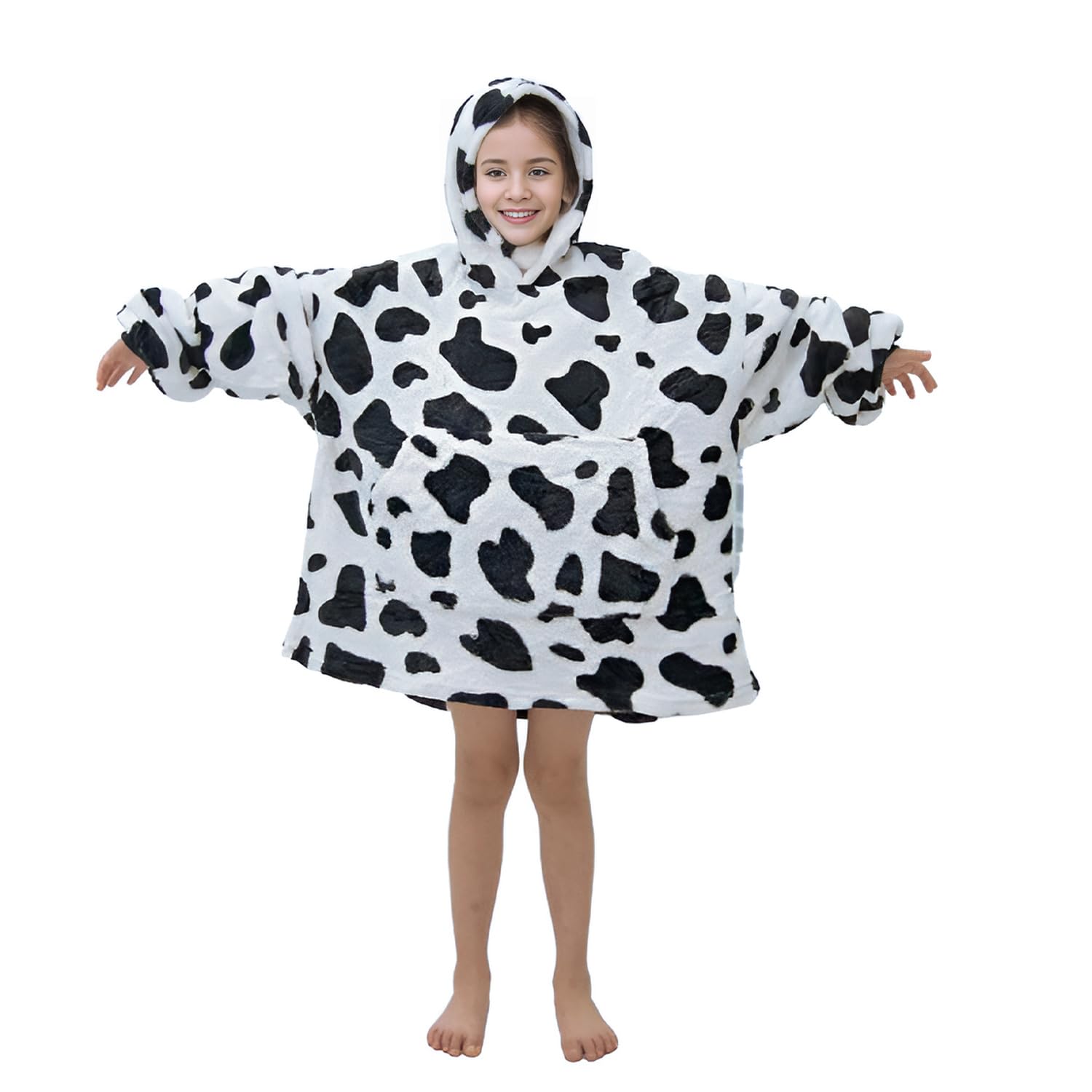 Wearable Blanket Hoodie for Child Oversized Sherpa Blanket with Giant Pocket and Super Warm Sleeves Flannel Hooded Blanket Items for Infant (Black And White Cow)
