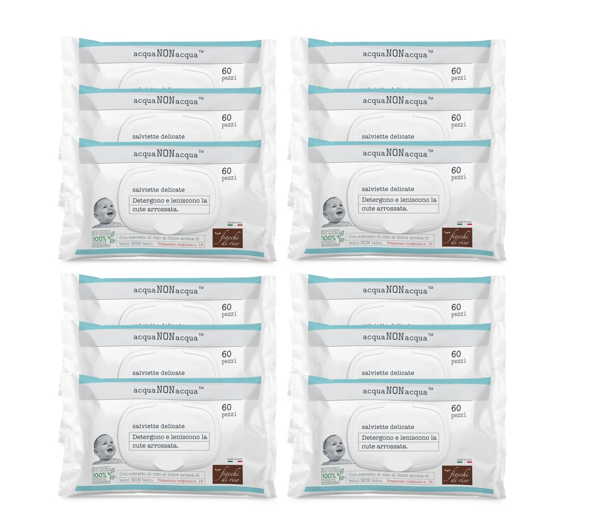 Fiocchi di Riso Salviette Acqua Non Acqua 720pz con Placchetta Cambio Pannolino Detergenti Idratanti Pelle Arrossata