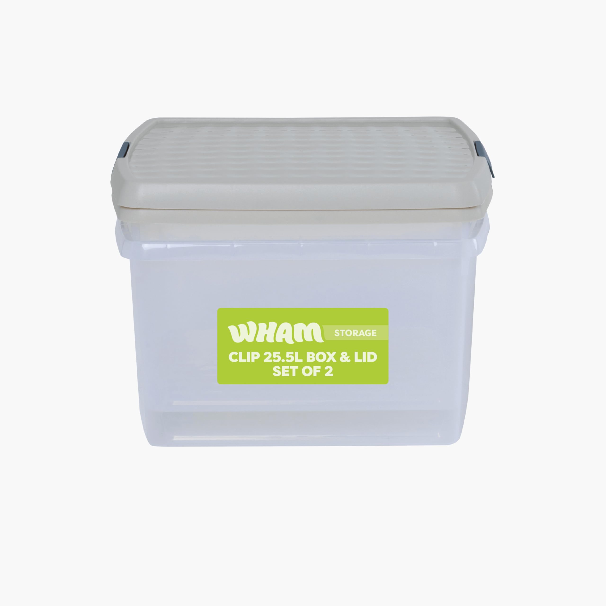 Wham Clip 2 x 25.5L Square Stackable Plastic Storage Boxes with Lids | Ideal for Home, Office, Toys & More | Storage Containers with Clip Locks | Made in UK - Clear/Stone