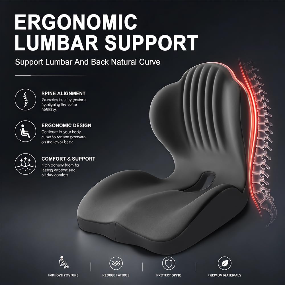 Gohytal Cojín de asiento para silla de oficina con respaldo, cojín ortopédico, asiento en forma de L y cojín lumbar de espuma viscoelástica, soporte lumbar para silla de oficina, asiento de coche