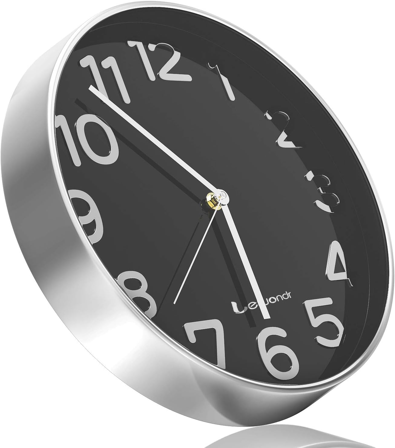 Lewondr Wall Clock, 12 Inch Round Silent Decorative Clock, Battery Operated Non-Ticking Modern Clock with Big 3D Number for Home, Living Room, Classroom - Black