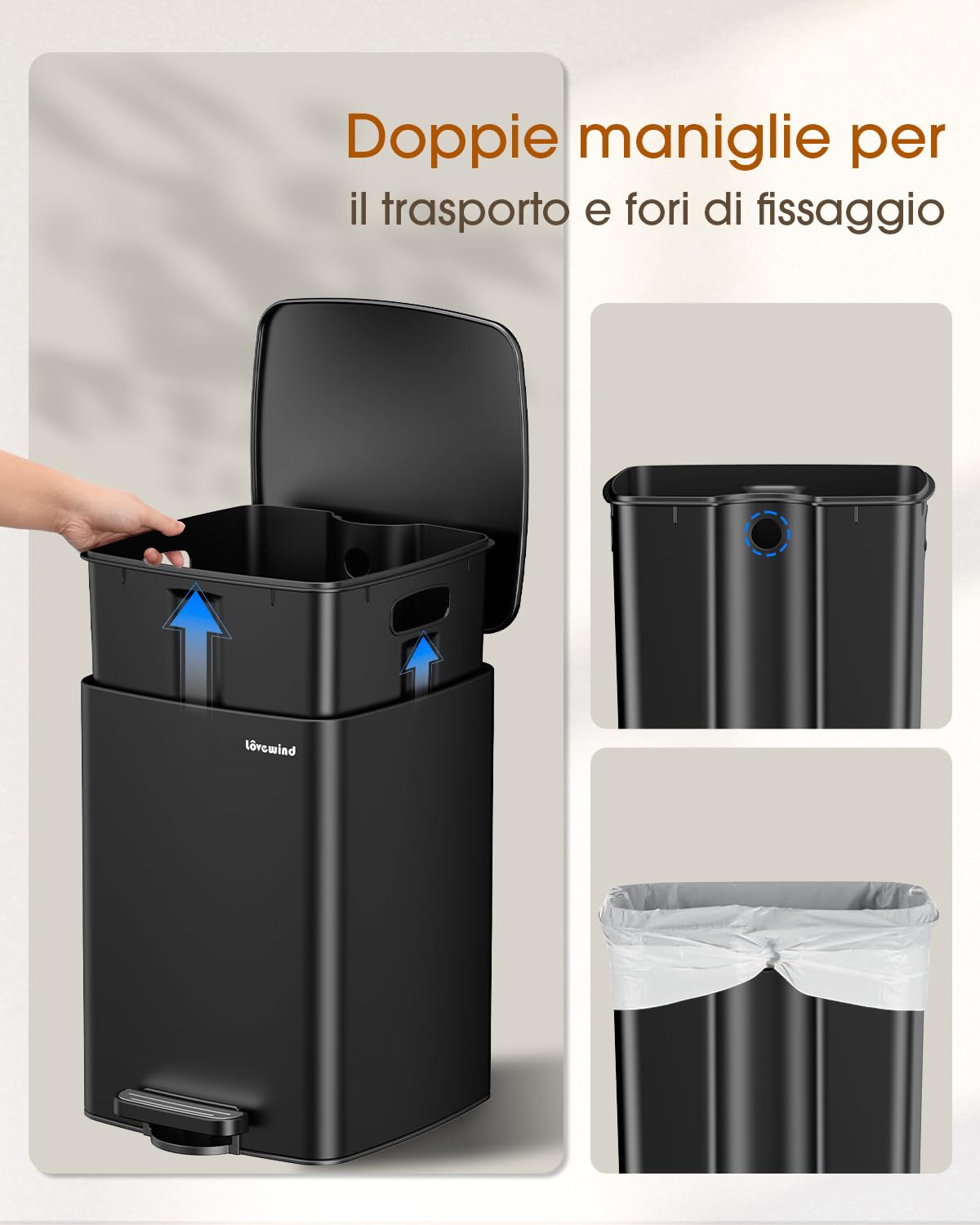 lovewind Pattumiera Da Cucina, Pattumiera In Acciaio Inox Con Pedale Nero Da 20 Litri, Con Coperchio E Secchio Interno, Adatta Per Cucina, Bagno E Soggiorno