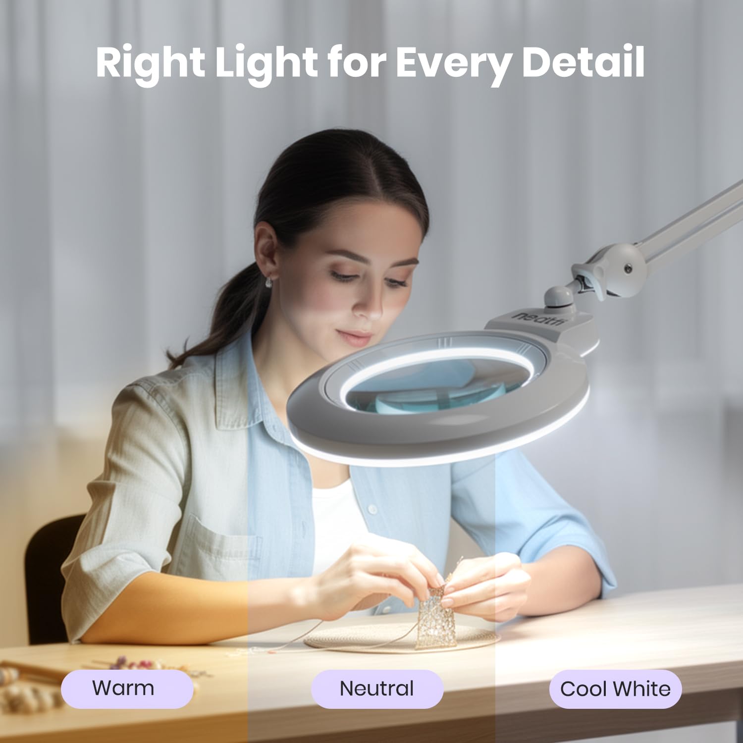 Neatfi XL Bifokal LED-Lupenlampe, 17,8 cm Acryl-Linse, doppelte Vergrößerung 2,25×/6×, 1.600 Lumen, dimmbar | 3 Lichtmodi, Verstellbarer Arm | Lesen, Basteln & Schmuckarbeiten (Weiß, 18 cm Linse)