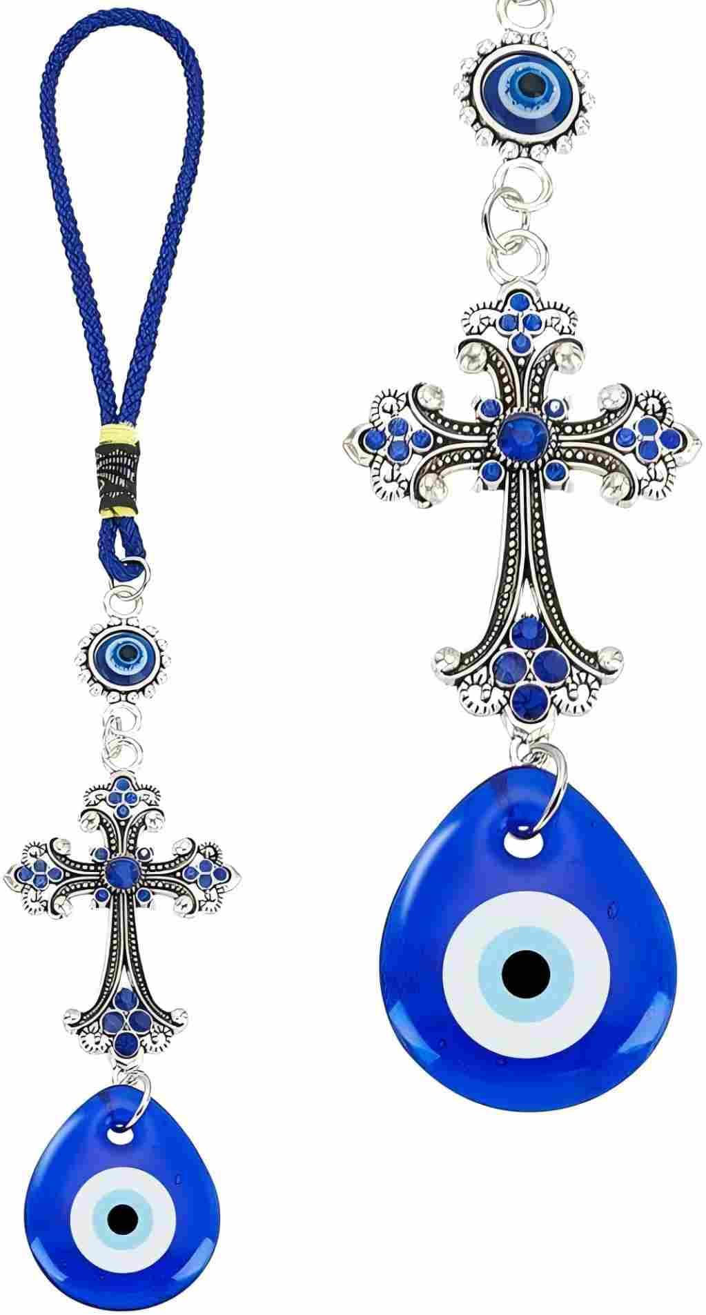 Belacasa Blue Evil Eye Crystal Cross Talisman Fatima's Holy Hand Pendant Decoration, Lucky Evil Eye Hanging Ornament For Car, Home And Office For Protection And Blessing (1Pc Water Droplet Evil Eye)