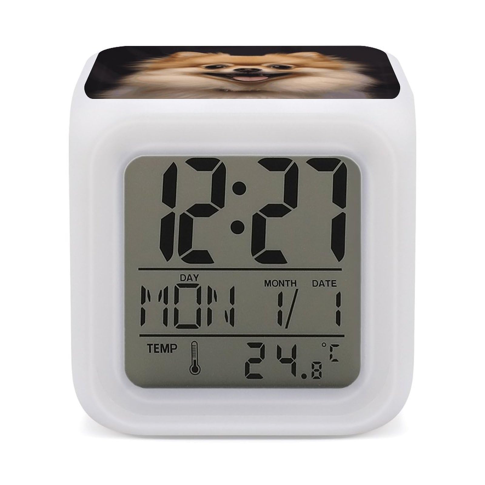 FekiLoot Happy Short-haired Pomeranian Alarm Clock for Heavy Sleepers Wake Up Digital Clock with 7 Color Changing Night Light Super Loud Digital Alarm Clocks Small Machine Alarm Clocks