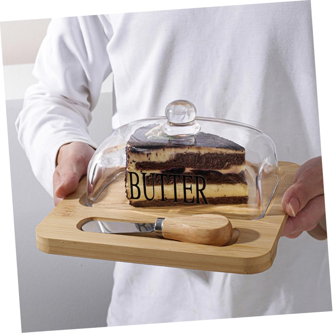 1Set Butter Dish with Dome Lid Elegant Butter Container for Easy Storage Includes Butter Slicer for Fridge and Countertop Modern Design Wood Color
