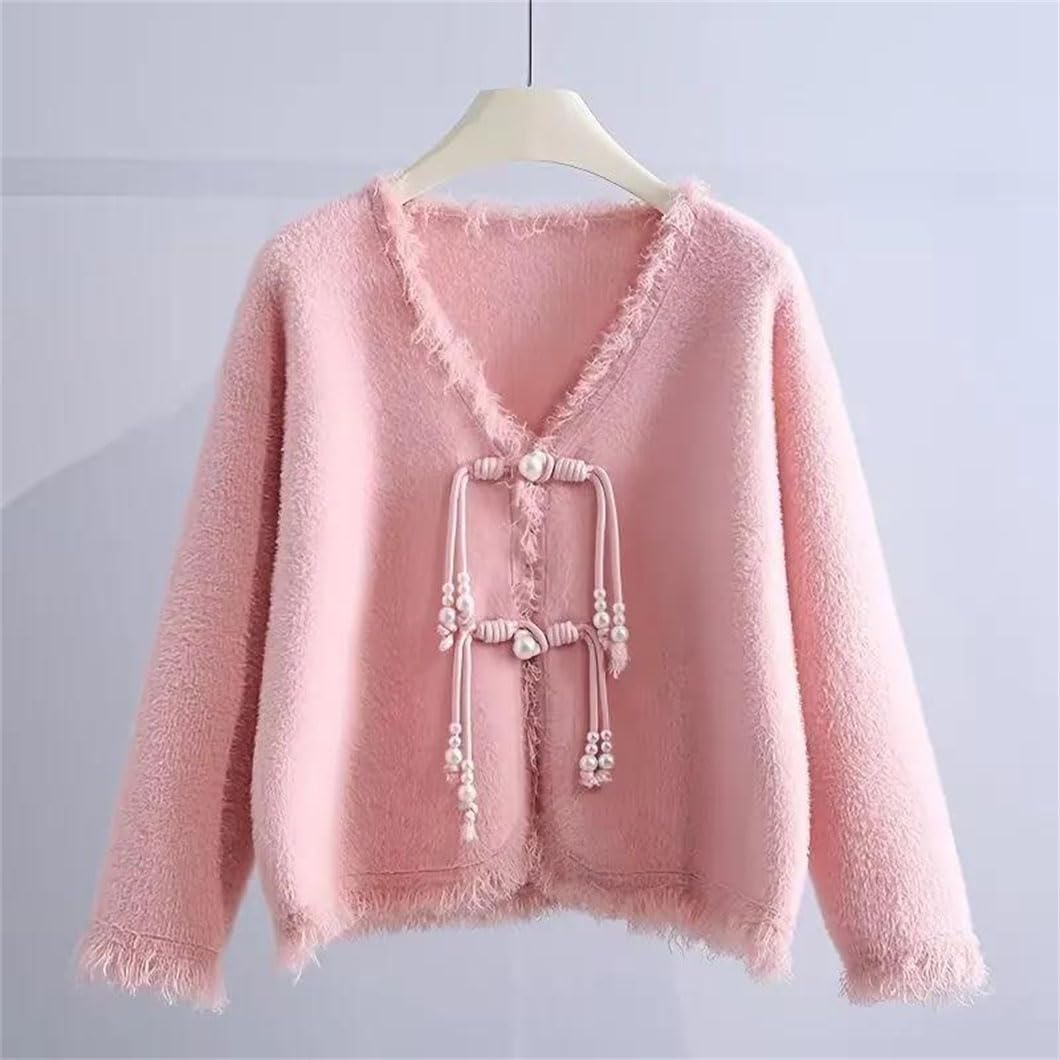 Chinese Style Knot Button Cardigan Sweater Women Fall Winter V-Neck Loose Knitwear Sweater Coat