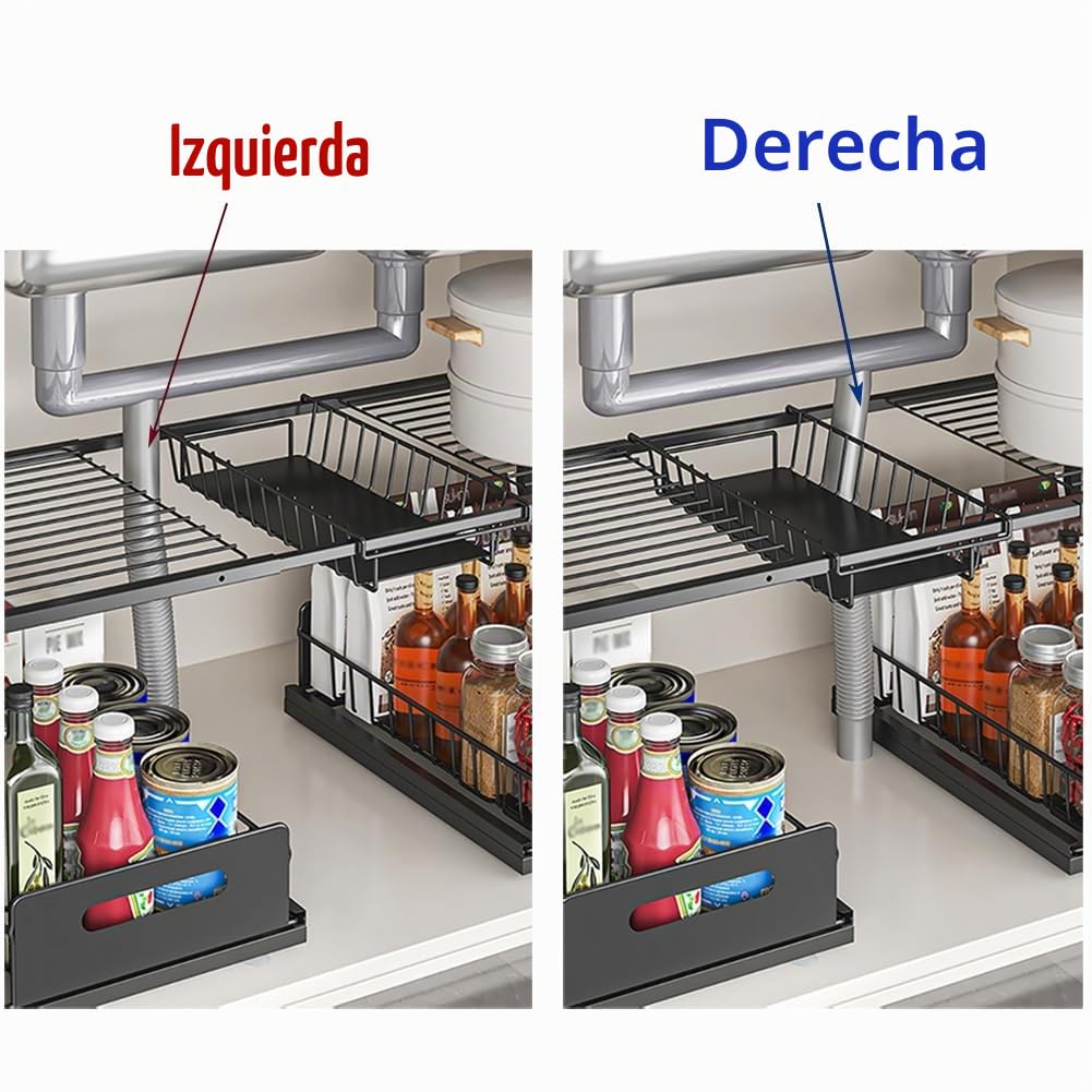 YunNasi Organizador Bajo Fregadero, Armario 2 Niveles Metal Altura Ajustable Estantería Bajo Fregadero, Bandeja Extraible Mueble Almacenaje para Cocina Baño (Negro, A-Estilo)