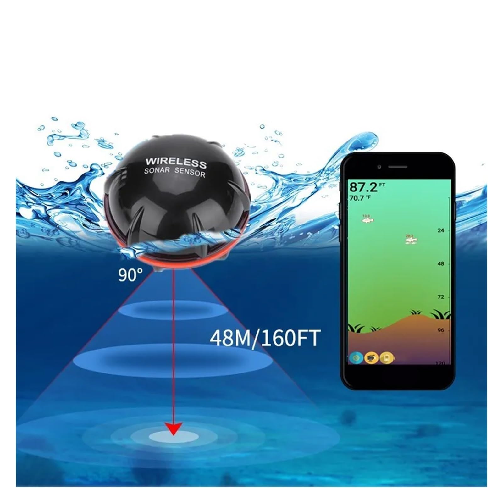 Sondeur de pêche Intelligent sans Fil Bluetooth 48 m/160 pi, équipement de pêche Portable en Plein air,Détecter la sensibilité