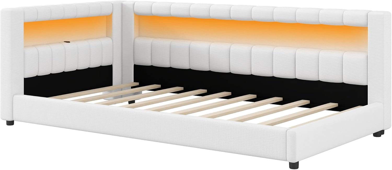 SOFTSEA Twin XL Upholstered Daybed with Storage Headboard and Charging Stations, L-Shaped Corner Bed Frame with LED Lights and Upholstered Guardrails for Kids Teens, Small Spaces, White