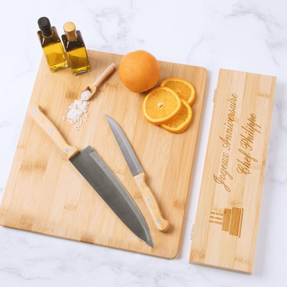 Ocadeau 2 cuchillos de cocinero con caja de madera personalizada - Grabación de texto en caja de cuchillos de cocina - Caja de cuchillos de cocina personalizada