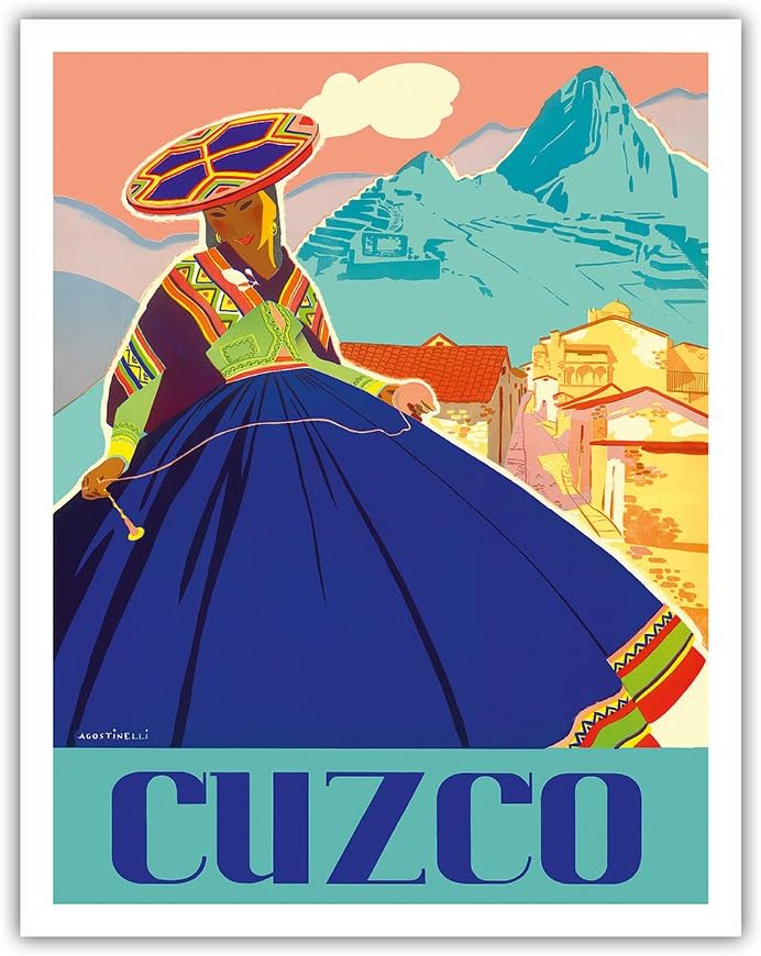 Pacifica Island Art Cuzco, Peru - Machu Picchu - Peruvian Woman in Native Dress with Andean Drop Spindle - Vintage Travel Poster by Agostinelli c.1947 - Premium Matte Paper Print 11x14in
