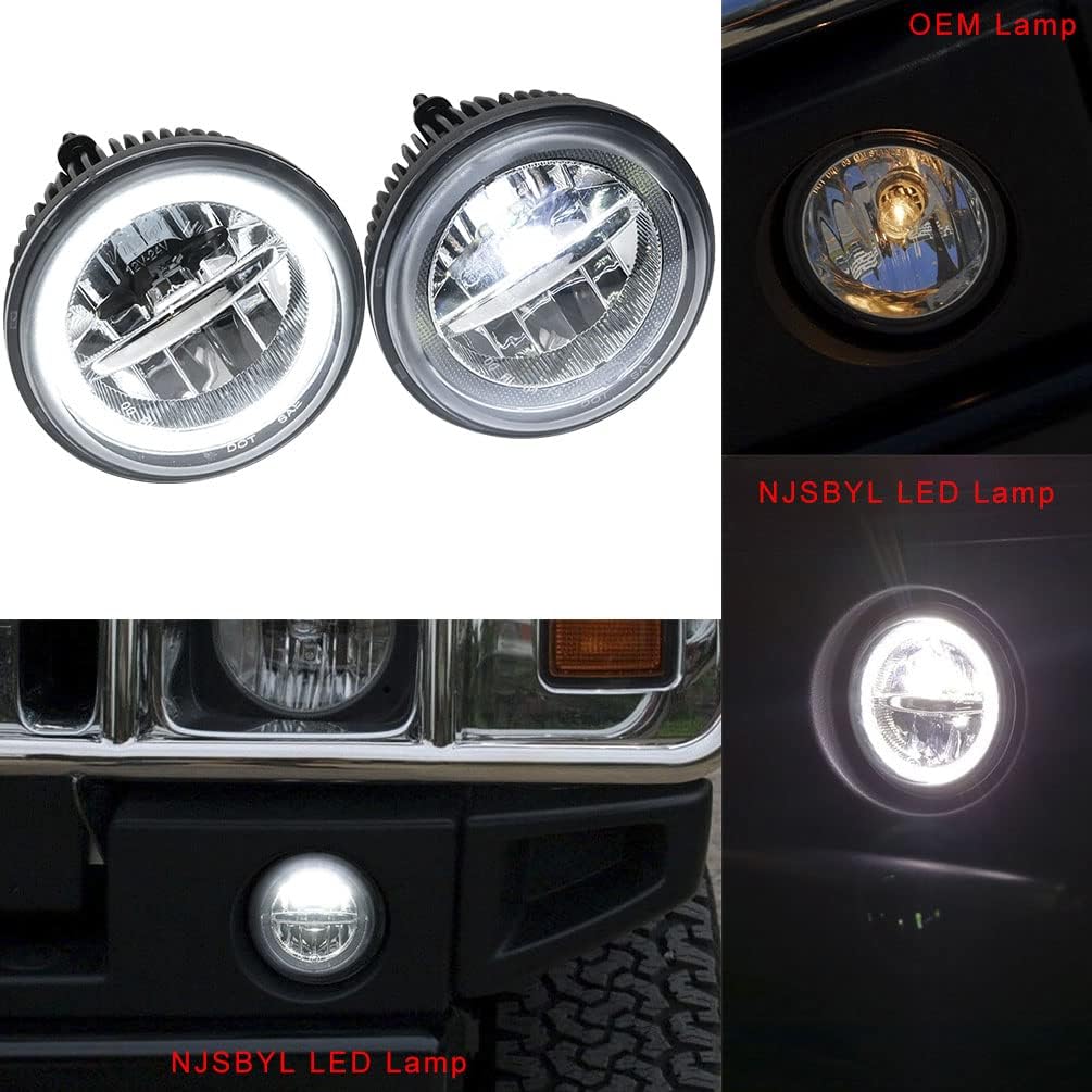 H2 LED Fog DRL Daytime Running Lamp Light Assembly for H-ummer H2 2003 2004 2005 2006 2007 2008 2009 12V/10W Xenon White LED Halo Ring Driving Running Lights Lamps CE/E4/RoHs OEM 15258697 15205899